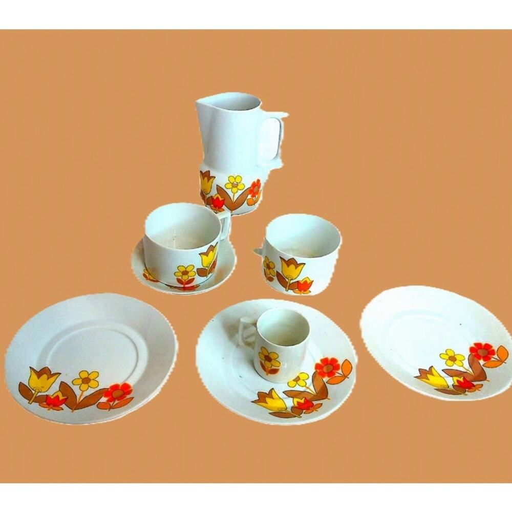 Vintage 1970s Louis Lourioux France Coffee Set Psychedelic Flower Power Lot